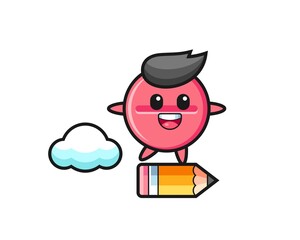 medicine tablet mascot illustration riding on a giant pencil