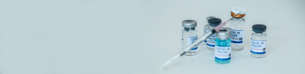Medical doctor injecting coronavirus vaccine, COVID-19 vaccine, Medicine digital healthcare and connection on modern virtual screen. 