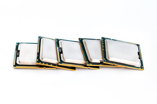 scattering cpu processor chip on white isolated background