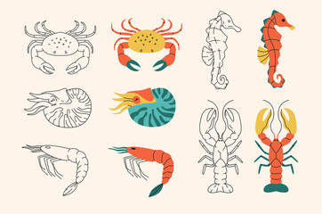 Sea life simple elements collection. Sea horse, lobster, crayfish, crawfish, flat isolated set. Different seafood  in trendy flat design.