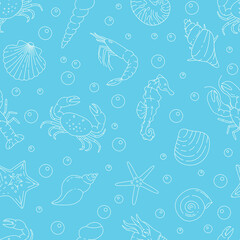 Underwater sea life seamless pattern vector illustration. Crabs, crayfish and starfish texture design. Summer beach background. Aquatic wildlife wrapping.