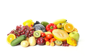 Different vegetables and fruits isolated on white background