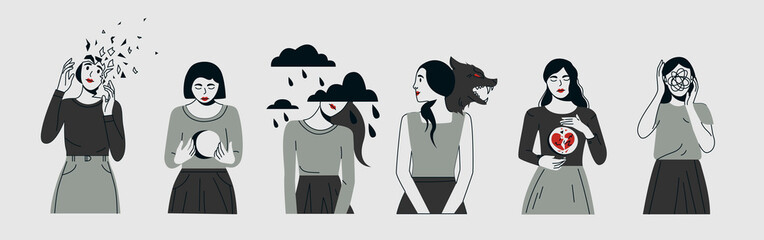 Woman suffering from mental disorder trendy flat illustration. Dissociation, derealization banner design. Depression, BPD, BPAD, schizophrenia background. Mood swings, obsessive thoughts, psychosis - obrazy, fototapety, plakaty