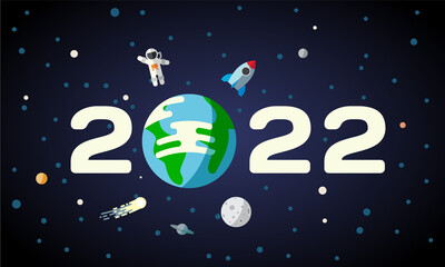 2022 text design with planet Earth in space. New Year flat background with astronaut, rocket and the Moon over the Earth planet.
