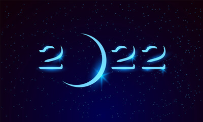 2022 glowing text in space. New Year 2022 typography design with dawn over the planet. Space technology background for calendar.