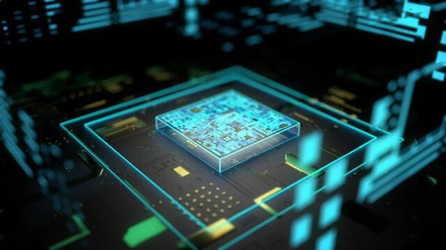 Microprocessor placed on a flat pc platform with blue squares moving from it  