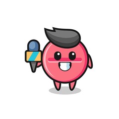 Character mascot of medicine tablet as a news reporter