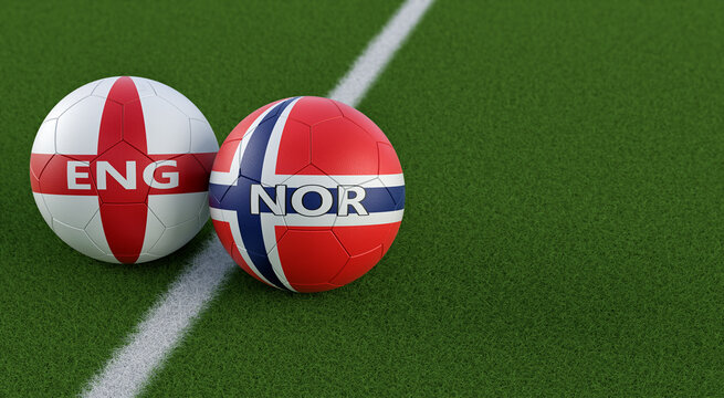 England vs. Norway Soccer Match - Leather balls in England and Norway national colors. 3D Rendering