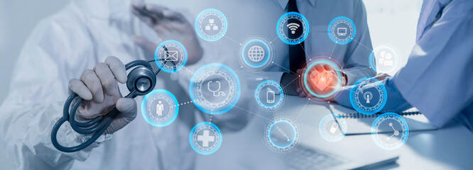 Medicine doctor using digital healthcare and network connection on hologram modern virtual screen...