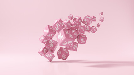 Pink falling percentage cubes on a pink background. 3d render illustration. Illustration for business ideas.