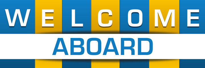 Welcome Aboard Yellow Blue Boxes White Horizontal Text 