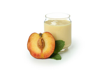 Jar with peach yogurt and ingredient isolated on white background