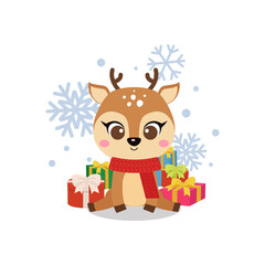 Cute Christmas reindeer with pile of presents. Flat vector cartoon design