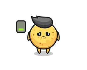 potato chip mascot character doing a tired gesture