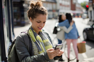 Young woman texting on sunny urban street