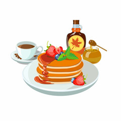 Sample breakfast plate with pancakes, maple syrup, honey, strawberry and cup of coffee. Classic hotel set for menu poster. Brunch healthy start day options food. Vector illustration.