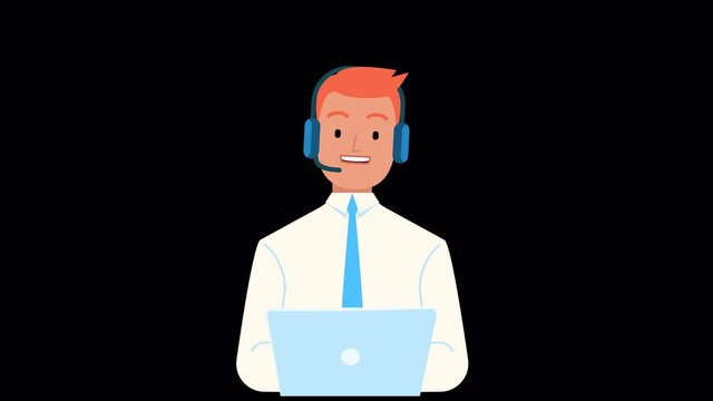 Call center operator male character animation ALPHA channel, hotline flat cartoon design. Smiling office worker with headset, computer. online customer support. Assistant callback client Help center