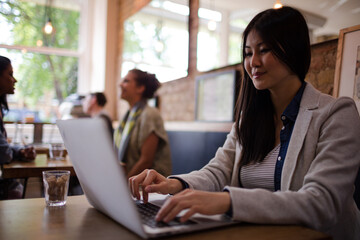 Young woman using laptop and drinking coffee in cafe