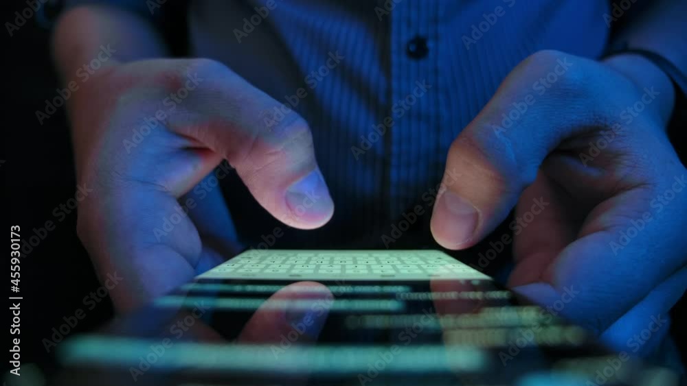 Wall mural adult person use smart phone for write message close-up. successful share and browsing receive push.