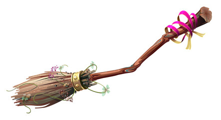 Flying broom witch symbol of halloween holiday isolated on white