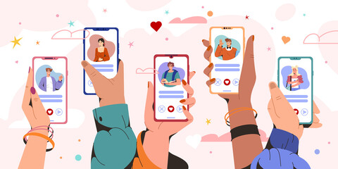 Flat hands holding smartphones with man and woman profiles. Online dating service app on phone screen. Virtual relationships, communication at distance. People looking for couple on social networks.