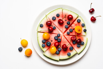 Fototapeta na wymiar Watermelon pizza with fruits and berries. Healthy summer dessert on white background