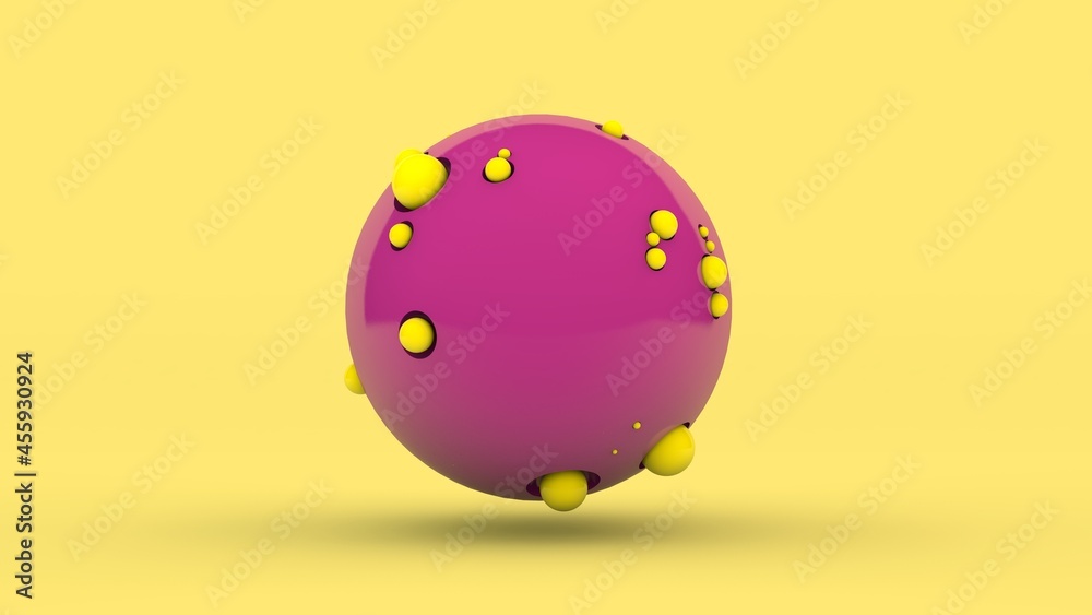 Poster 3d rendering of an abstract composition. a large pink sphere with pits on the surface and a lot of c