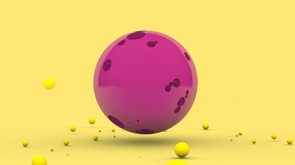 3d rendering of an abstract composition. A large pink sphere with pits on the surface and a lot of colorful small balls in the environment. Children's toys, childhood.