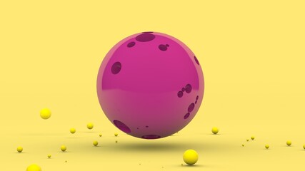 3d rendering of an abstract composition. A large pink sphere with pits on the surface and a lot of colorful small balls in the environment. Children's toys, childhood.