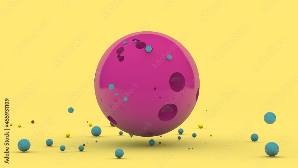Poster 3d rendering of an abstract composition. a large pink sphere with pits on the surface and a lot of c