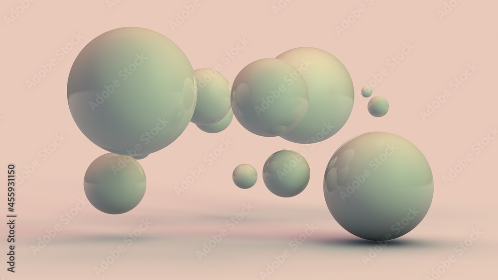 Poster 3d rendering of an abstract background of many white balls, spheres of different sizes. geometric co