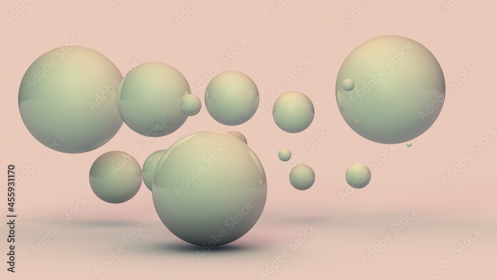 Poster 3d rendering of an abstract background of many white balls, spheres of different sizes. geometric co