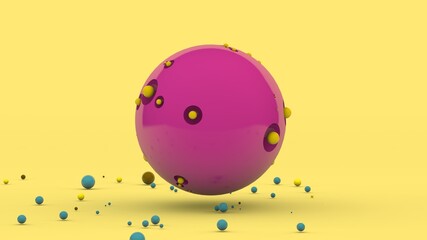 3d rendering of an abstract composition. A large pink sphere with pits on the surface and a lot of colorful small balls in the environment. Children's toys, childhood.