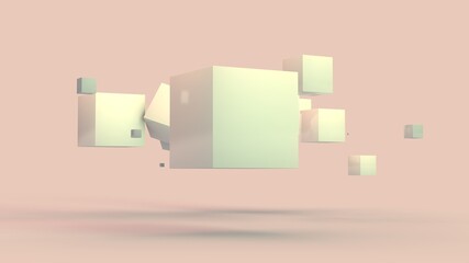 3d rendering of a set of white cubes of different sizes hanging in weightlessness. Abstract illustration for background compositions.