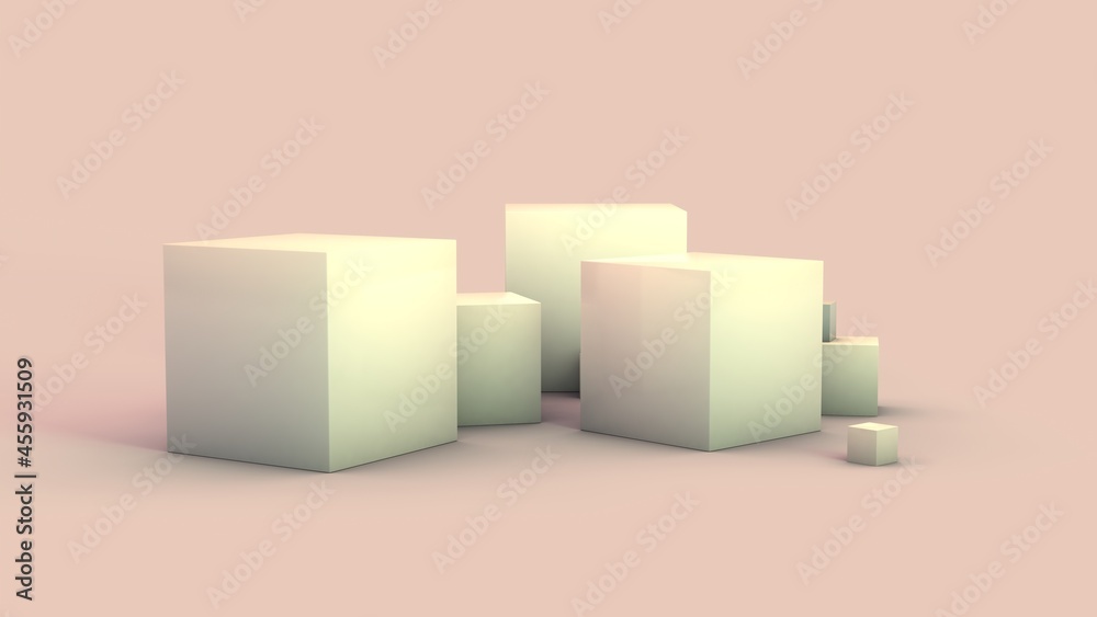Poster 3d rendering of a set of white cubes on a surface. cubes of different sizes are scattered in a mess 