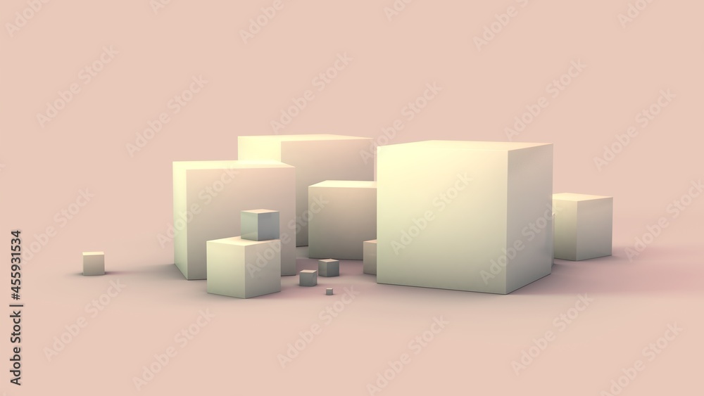 Poster 3d rendering of a set of white cubes on a surface. cubes of different sizes are scattered in a mess 