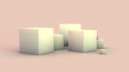 3d rendering of a set of white cubes on a surface. Cubes of different sizes are scattered in a mess in the studio. Abstract 3d illustration.