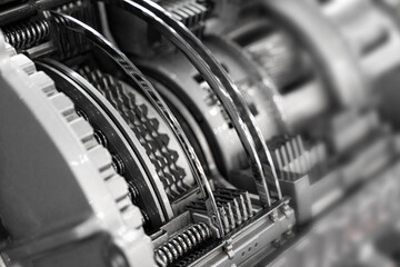 Automatic transmission gearbox. Automobile transmission gearbox in sections, close up detail view
