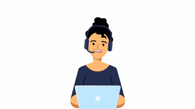 Call center operator female character animation ALPHA channel, hotline flat cartoon design. Smiling office worker with headset, computer. online customer support. Assistant callback client Help center