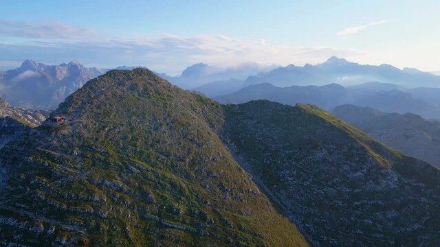Rocky mountain peak in the morning. Aerial footage