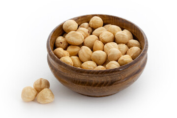 Nuts in wooden bowl. Delicious snack.