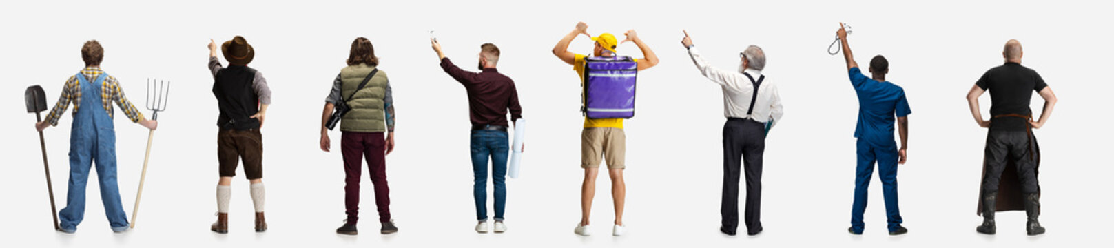 Group of mixed-age people with different professions standing isolated on white studio background, Horizontal flyer, collage. Back view