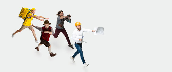 Hurry up. Group of mixed-age men with different professions running isolated on white studio background, Horizontal flyer, collage