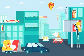 Modern advertisement billboard on city building and passenger car flat vector illustration, public shield marketing cityscape.