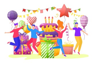 Fototapeta premium Cheerful young teenager people character together celebrate birthday party, birth cake with balloon flat vector illustration, isolated on white.