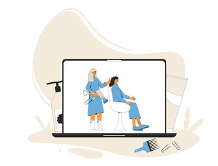  Hair salon. Hairstyle with hairdryer and duffuser nozzle.