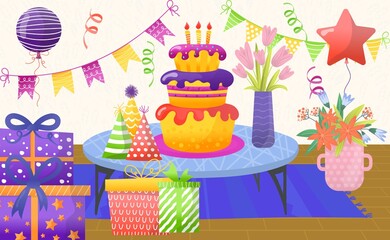 Cheerful celebrate birthday party, birth cake candle with balloon, bouquet flower flat vector illustration, wrapping paper present box.