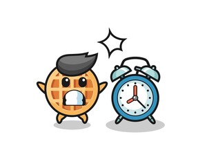 Cartoon Illustration of circle waffle is surprised with a giant alarm clock