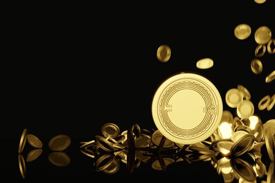 Digital Crypto Gold Coins And Coin Drop From Sky On Black Background Copy Space .3D Rendering.