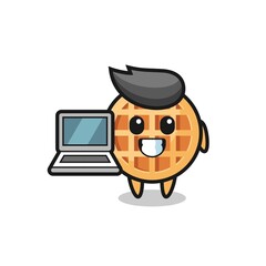 Mascot Illustration of circle waffle with a laptop